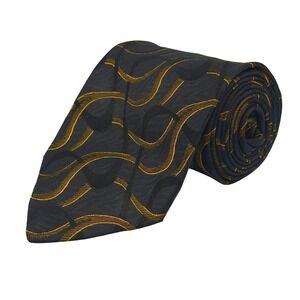Vintage FORMAT Mens Black Gold Abstract Wave 100% Silk Made in Japan 58"L